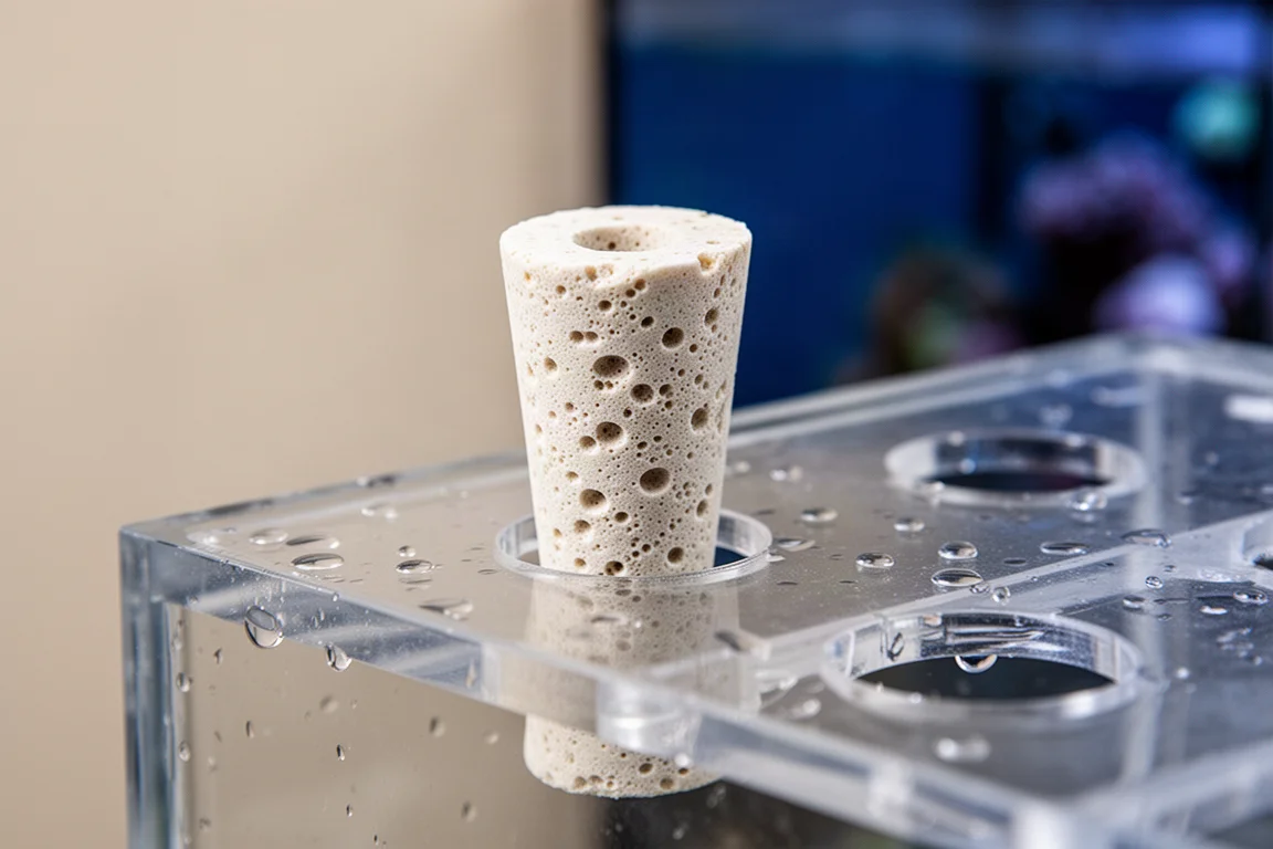 Macro di uno stelo affusolato di frag plug inserito in un frag rack in acrilico trasparente
