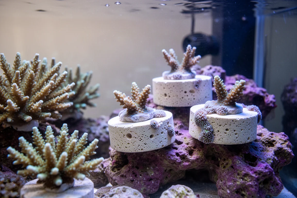 Frag di corallo che incrostano plug in ceramica porosa in un acquario di barriera illuminato