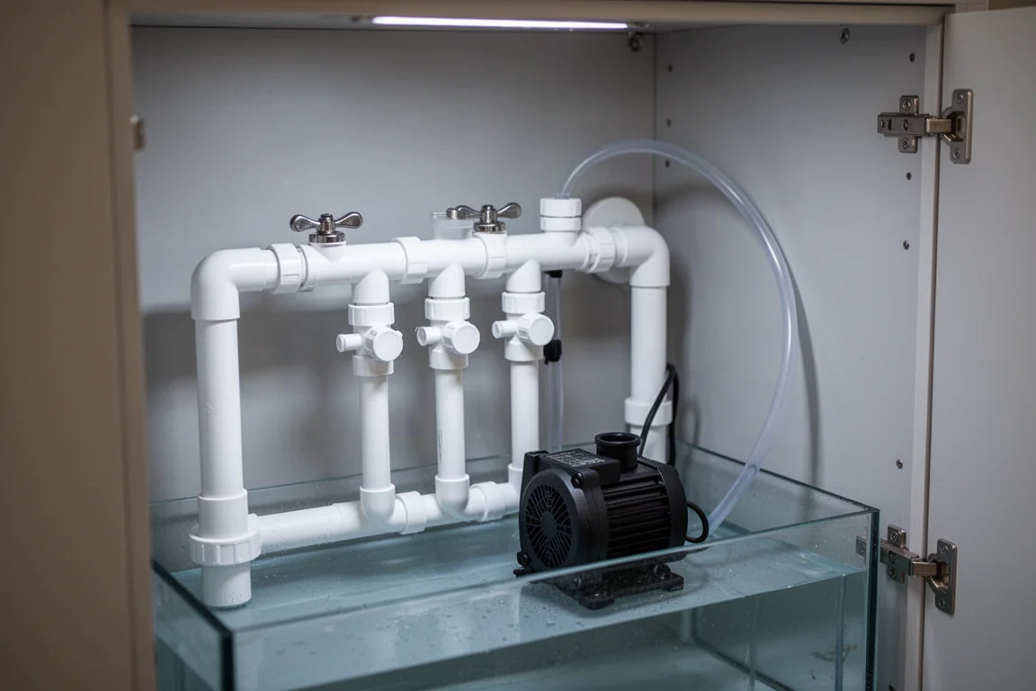 Reef sump cabinet interior with a DC pump and two parallel return lines