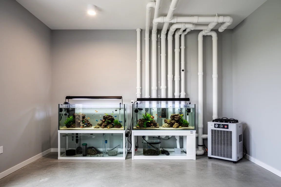 Overhead flat-lay of aquarium pump fittings, screens, and tubing on concrete