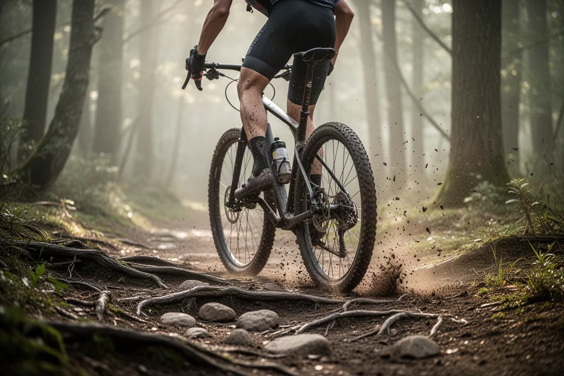 Ciclista gravel su un sentiero fangoso a terreno misto tra boschi bassi