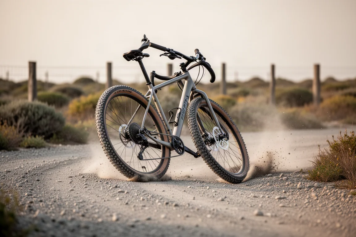 Bici gravel piegata in una curva su ghiaia smossa con polvere che si alza dietro