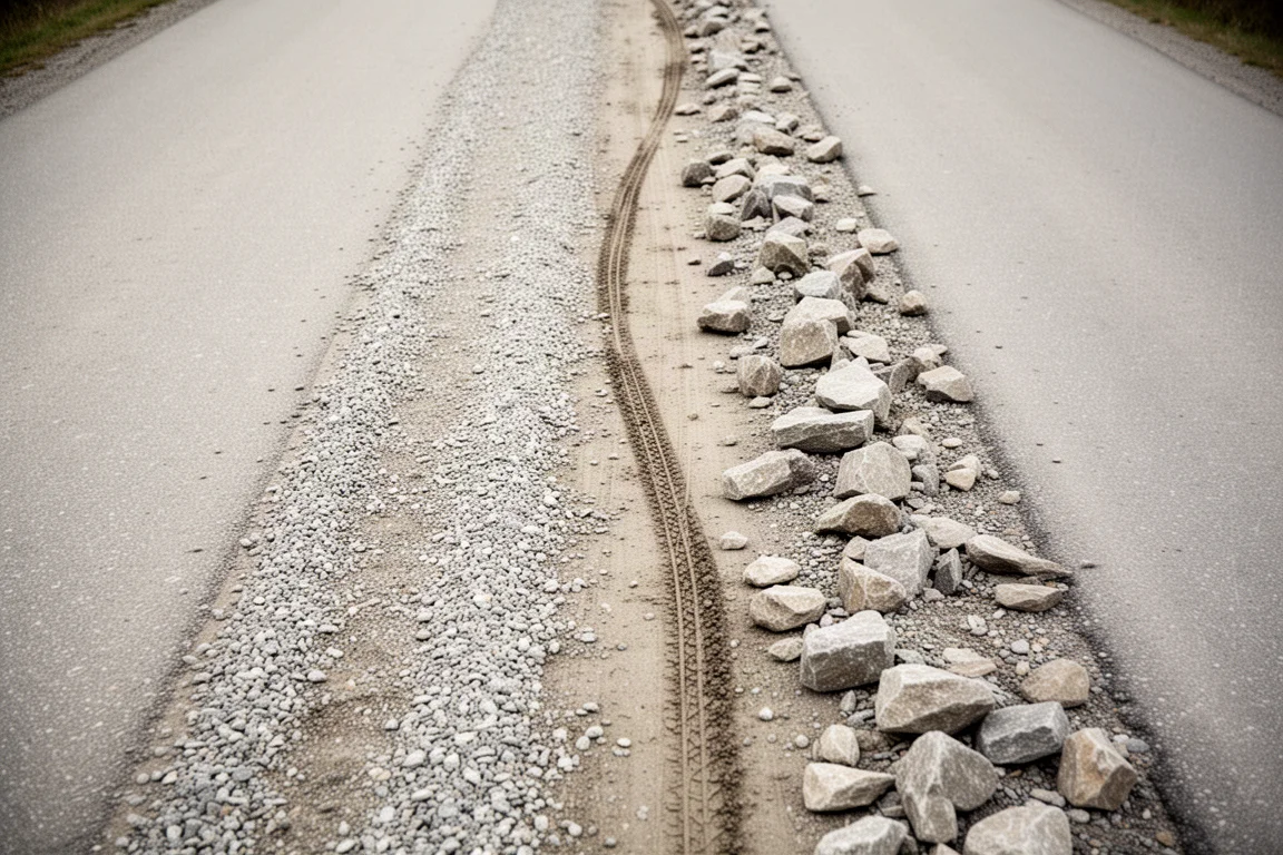 Due traiettorie gravel parallele, una liscia e una sconnessa, viste dall'alto