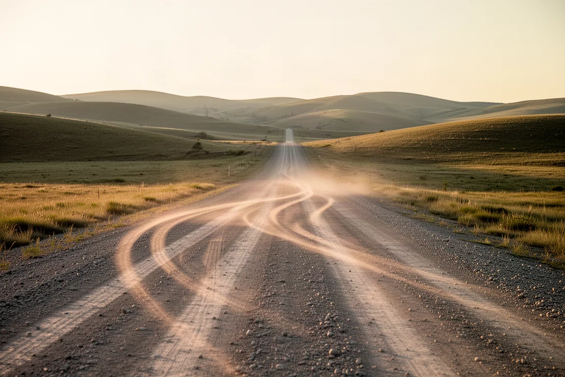 Lunga strada gravel aperta all'ora d'oro con tracce di pneumatici che curvano nella polvere