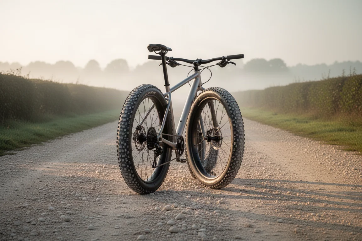Gravelbike met brede noppenbanden op een lege gravelweg in het vroege ochtendlicht