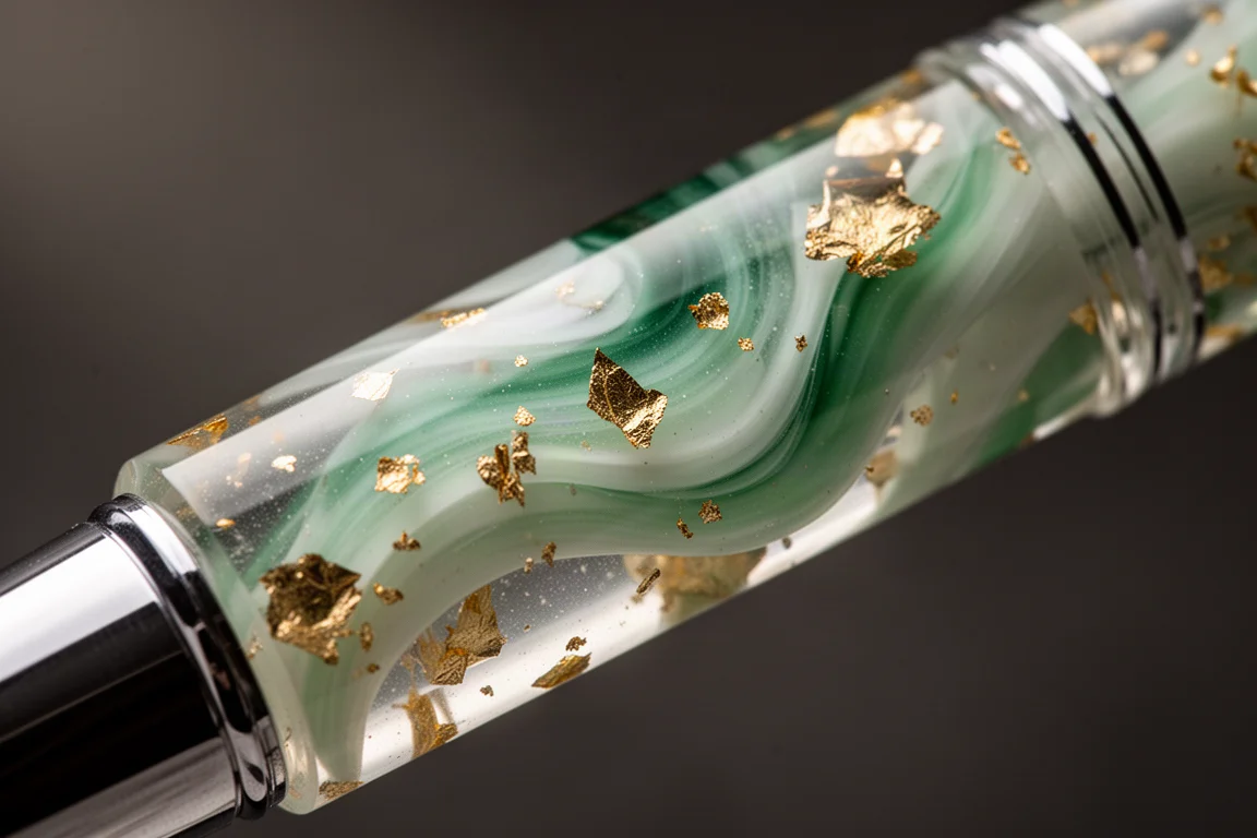 Close-up of swirling green and white resin with suspended gold flakes