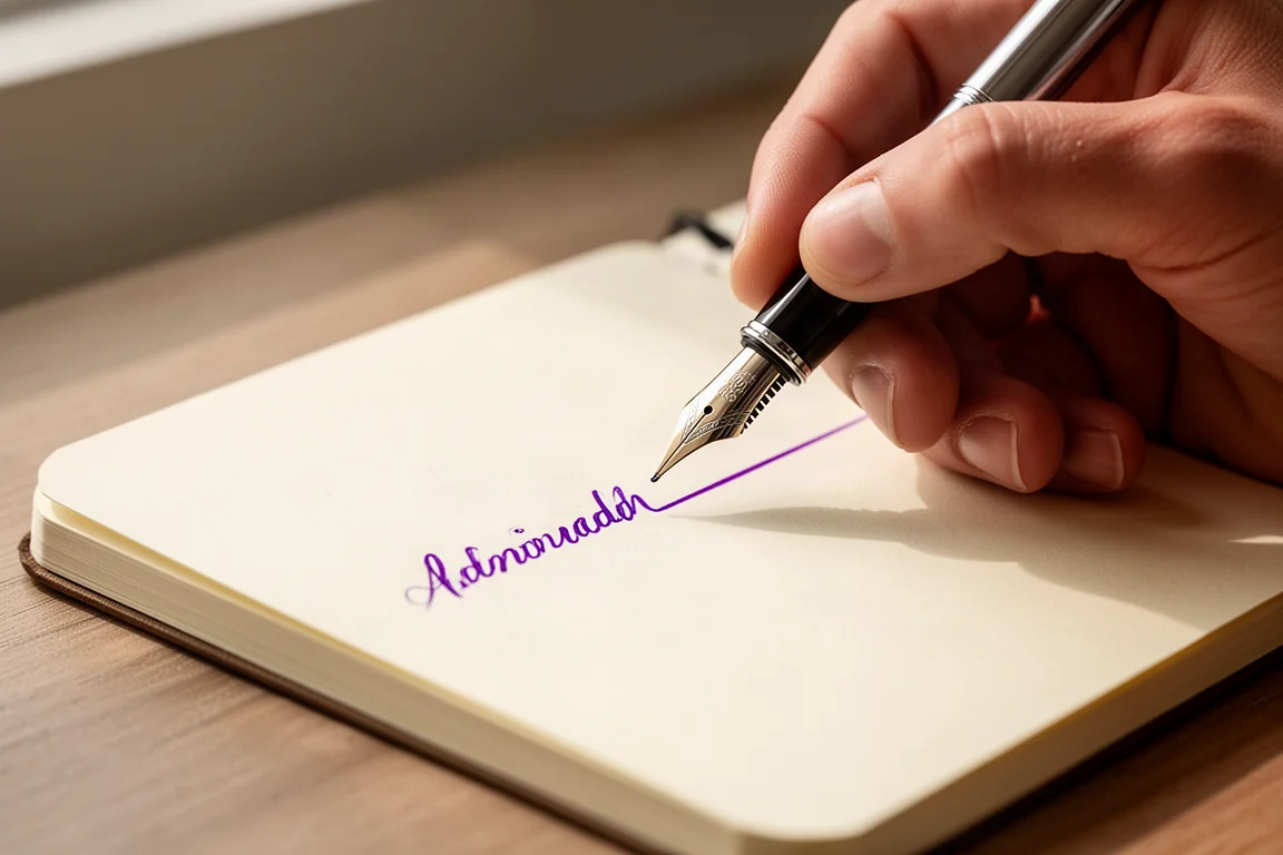 Hand writing with a fountain pen on paper in warm natural light
