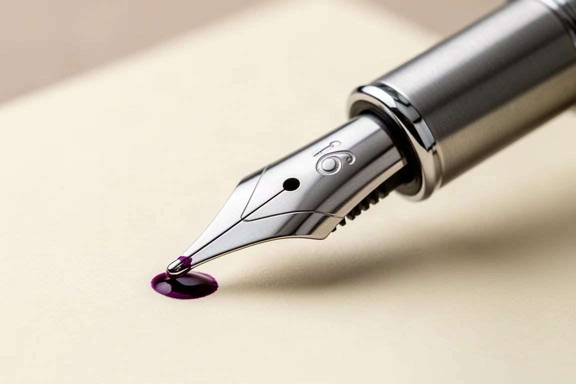 Fountain pen nib close-up resting on paper