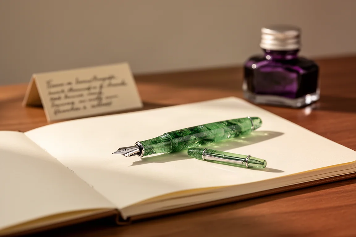 Fountain pen unboxed on a desk with a handwritten note beside it