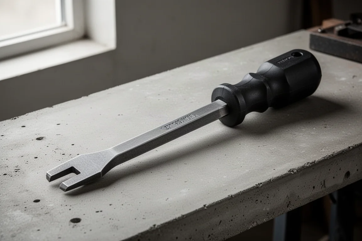 12-inch demolition screwdriver with black striking cap lying diagonally on concrete