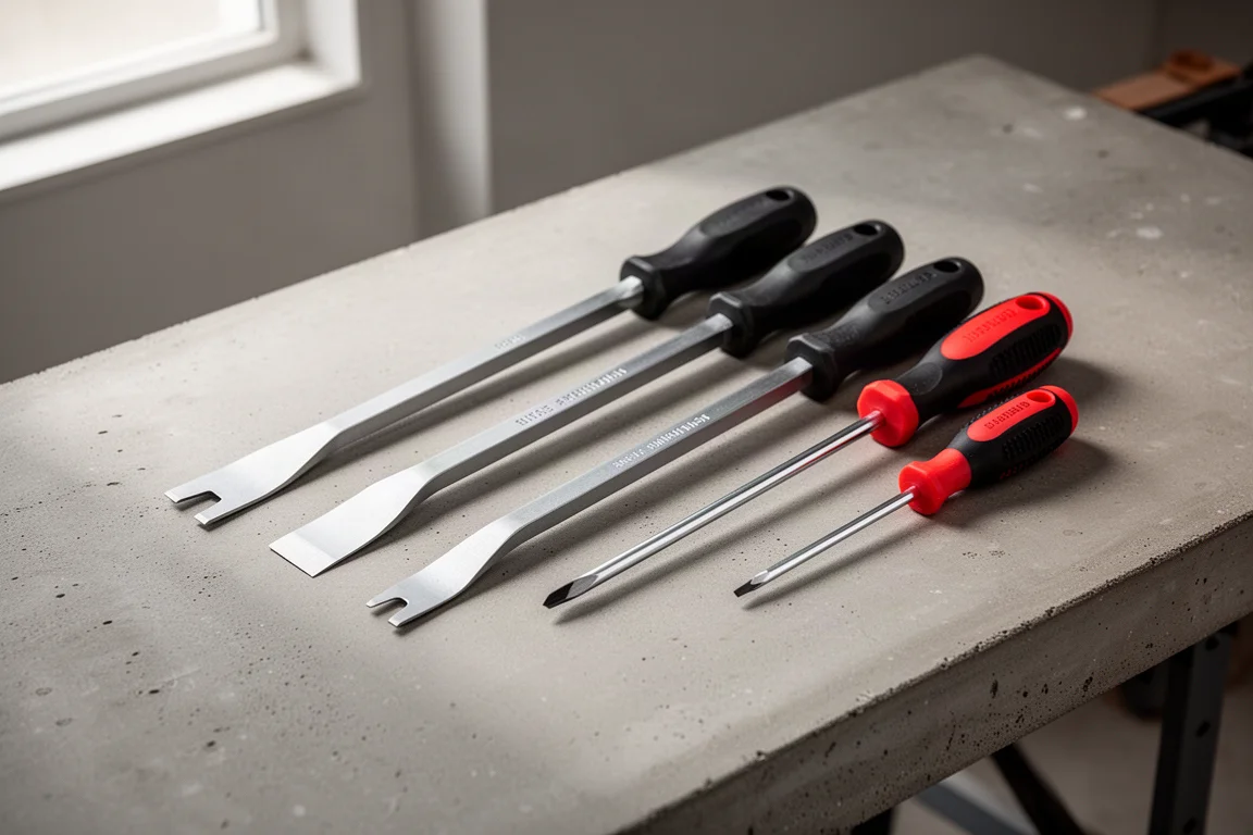 Lineup of pry bars and screwdrivers on a concrete workbench surface