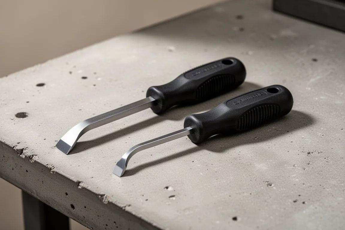 Two Mayhew mini pry bars, one straight and one bent, on a concrete workbench