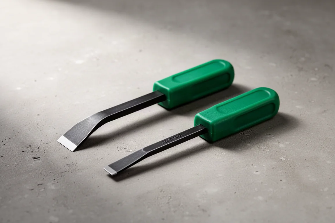 Pair of Mayhew pocket pry bars with green handles on a concrete surface