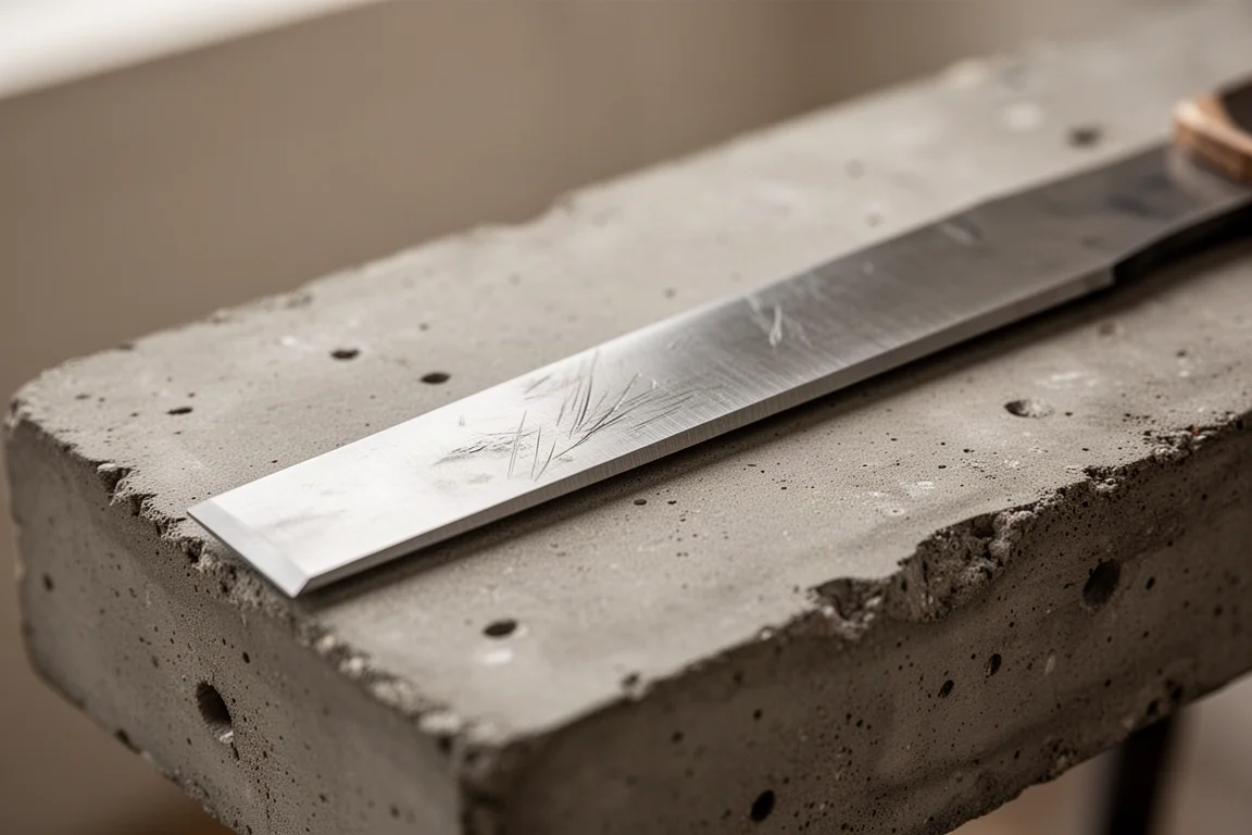 Close-up of a thin steel trim tool blade edge resting on a workbench