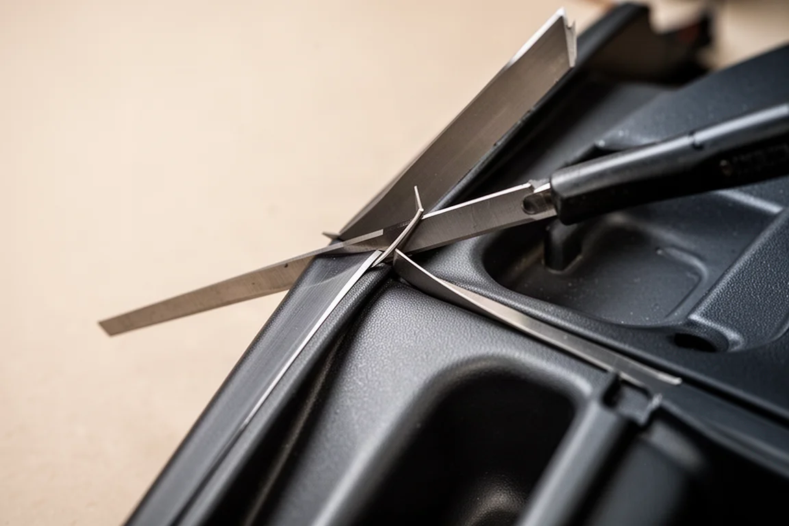 Thin flexible trim tool blade flexing slightly against a plastic panel edge