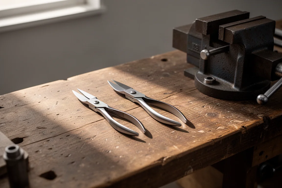 Trim tools laid out on a workbench beside a vise in a home workshop