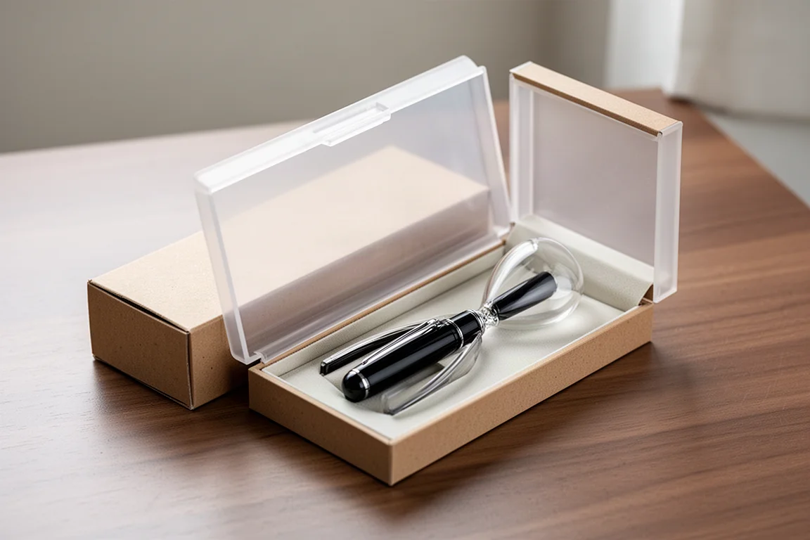 Grand stylo plume noir dans un coffret de présentation ouvert au couvercle translucide