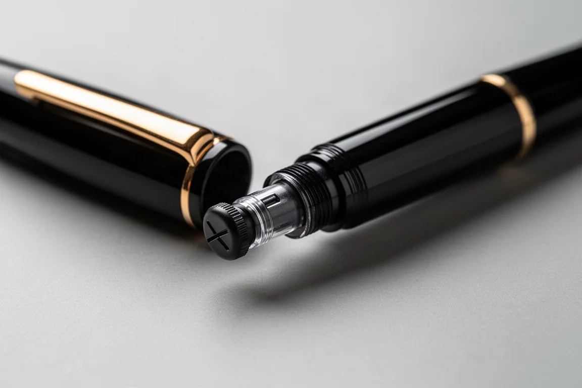 Gros plan sur le bouchon aveugle fileté d'un stylo plume avec le pompeau du convertisseur