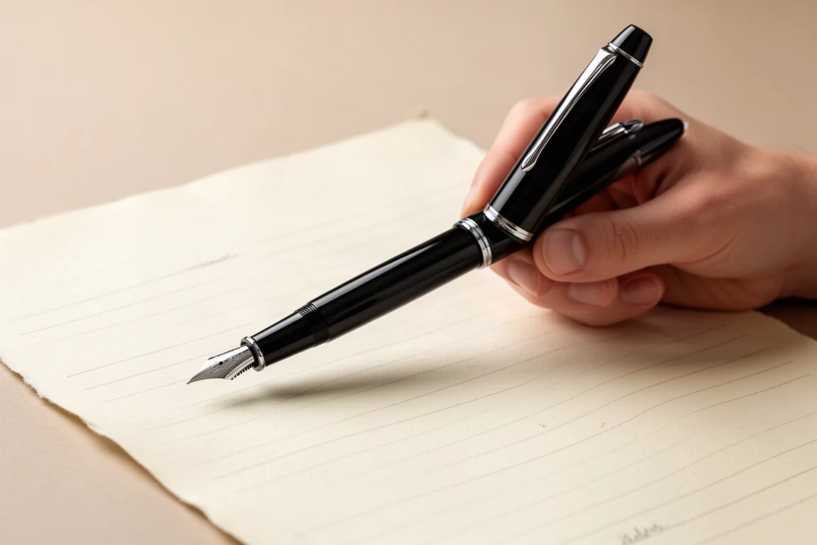 Stylo plume avec capuchon apposé sur une main écrivant sur du papier texturé
