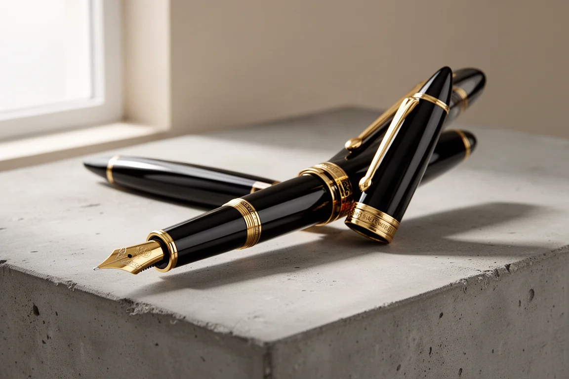 Oversized glossy black fountain pen with gold trim on a concrete surface