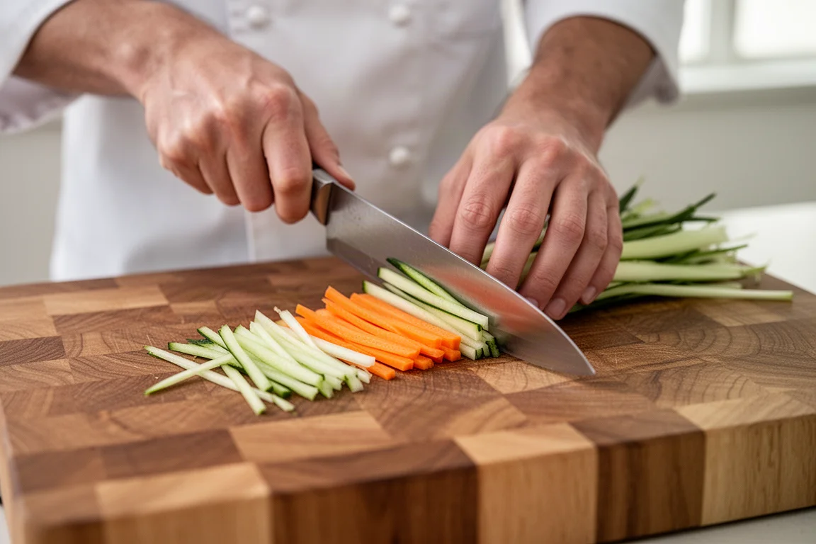 Uno chef affetta verdure su un tagliere di legno in una cucina luminosa