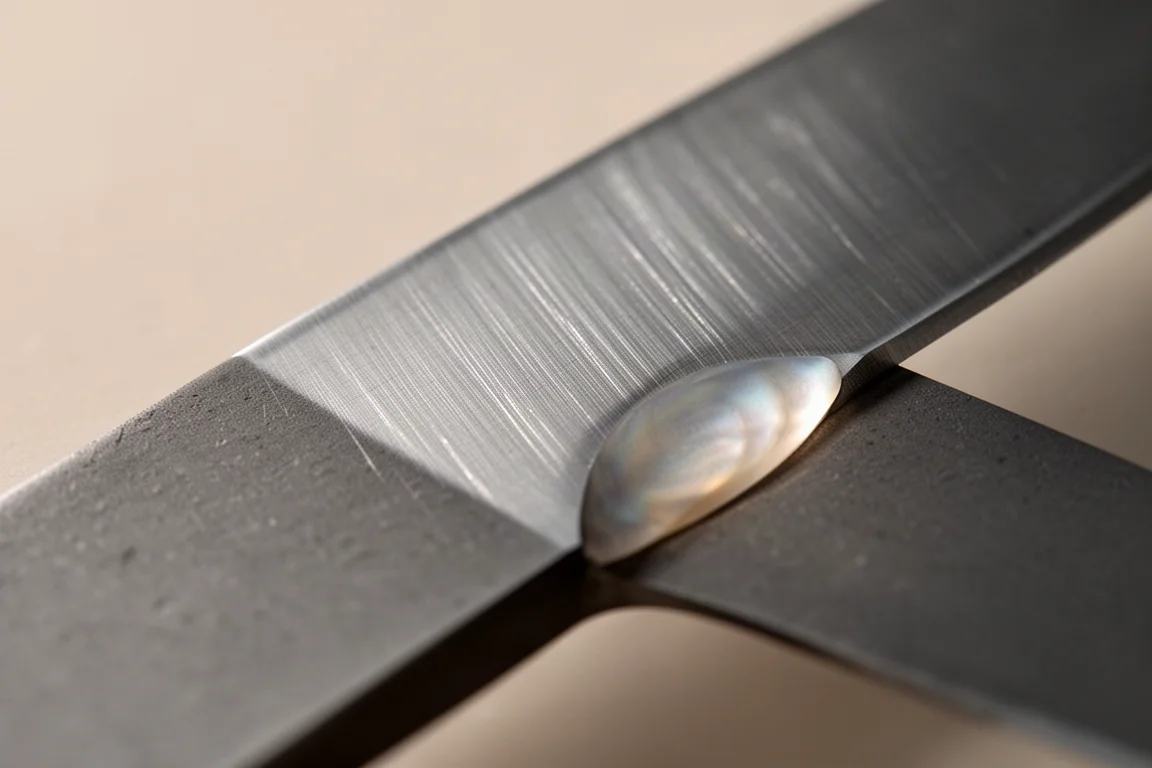Primo piano dello smusso di un coltello con fini segni diagonali di rifinitura a mano