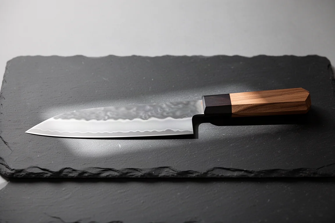 Coltello giapponese con linea hamon visibile appoggiato su una superficie di pietra scura