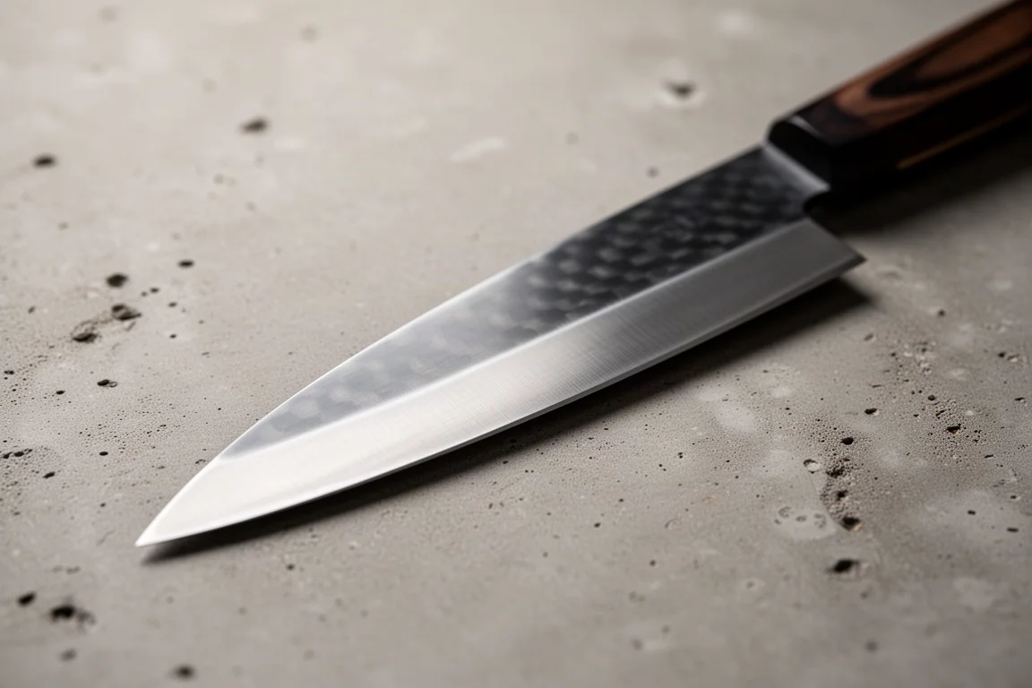 Close-up of a polished carbon steel knife blade showing distal taper