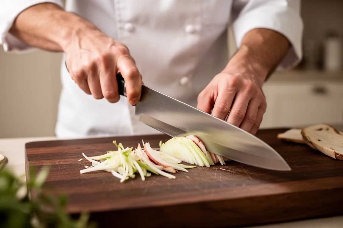 Chef slicing ingredients on a wooden cutting board in a kitchen