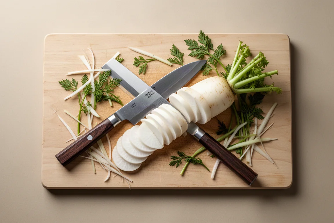 Vegetable knife and neatly sliced vegetables on a prep board