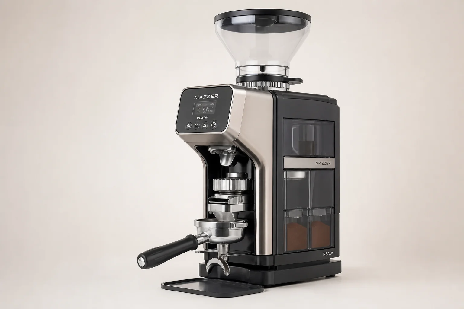 七台不同尺寸與飾面的 Espresso 磨豆機排列在混凝土表面上