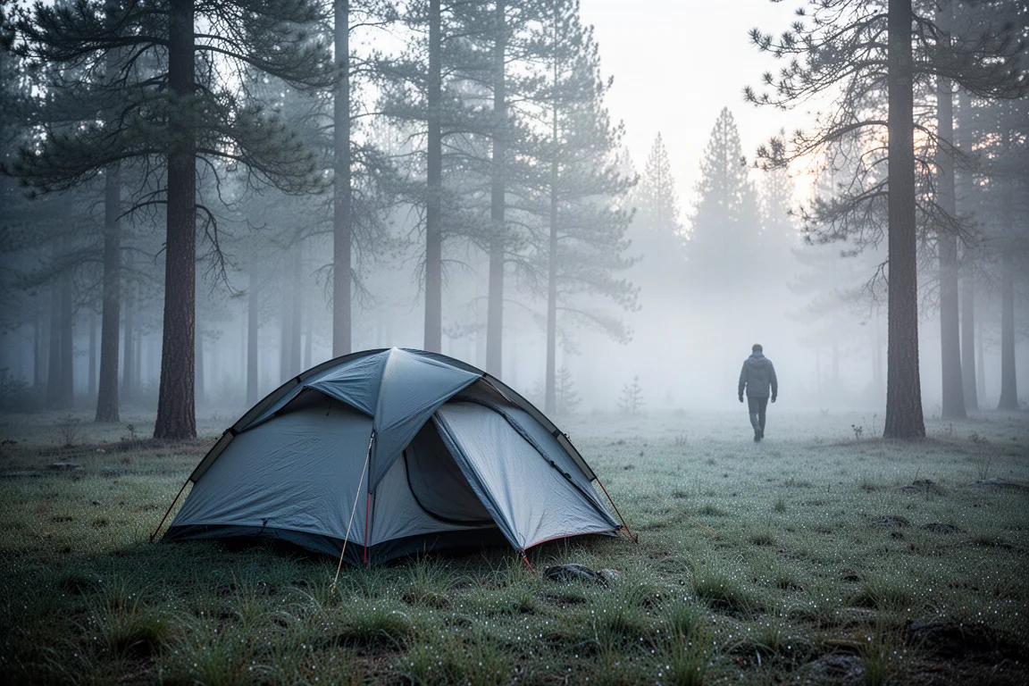 Campeggio in backcountry all'alba con una tenda per due persone in una radura nebbiosa nel bosco