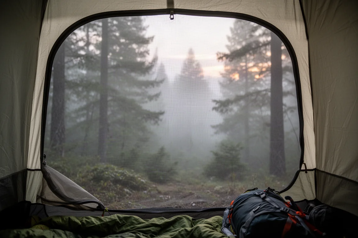 Vista interna attraverso una zanzariera sottile della tenda verso un bosco nebbioso al crepuscolo
