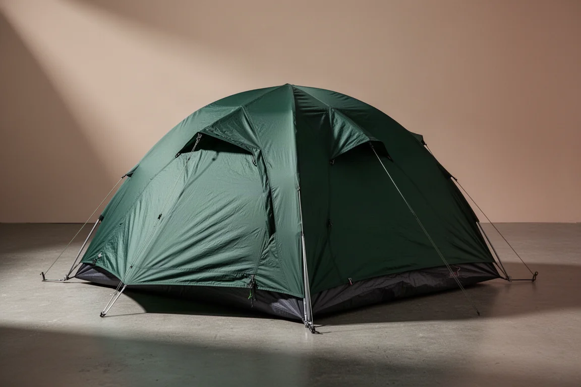Two-person backpacking tent with a dark green flysheet pitched on a neutral surface