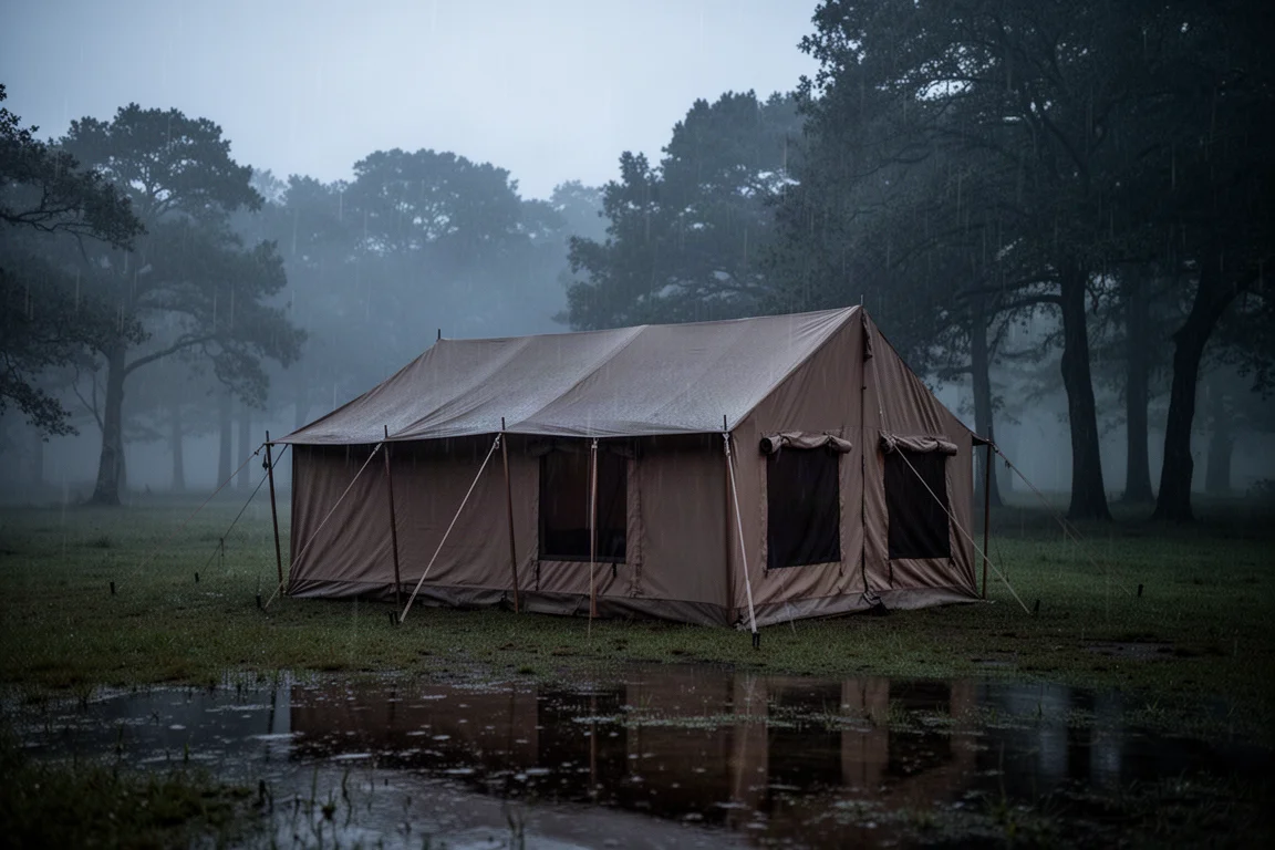 Interno di una tenda cabin all'alba con biancheria da campeggio, tavolo e pannelli in mesh sulle pareti