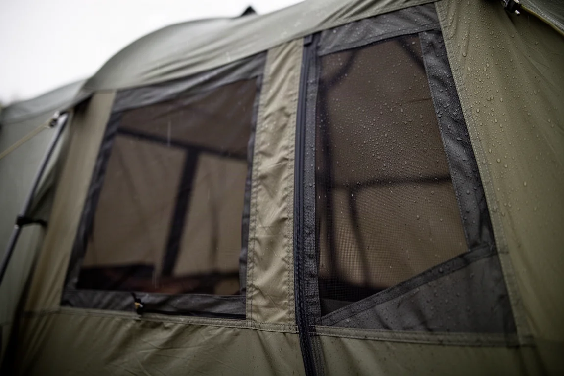 Gocce di pioggia sul tessuto della tenda di notte con luce calda che brilla dall'interno