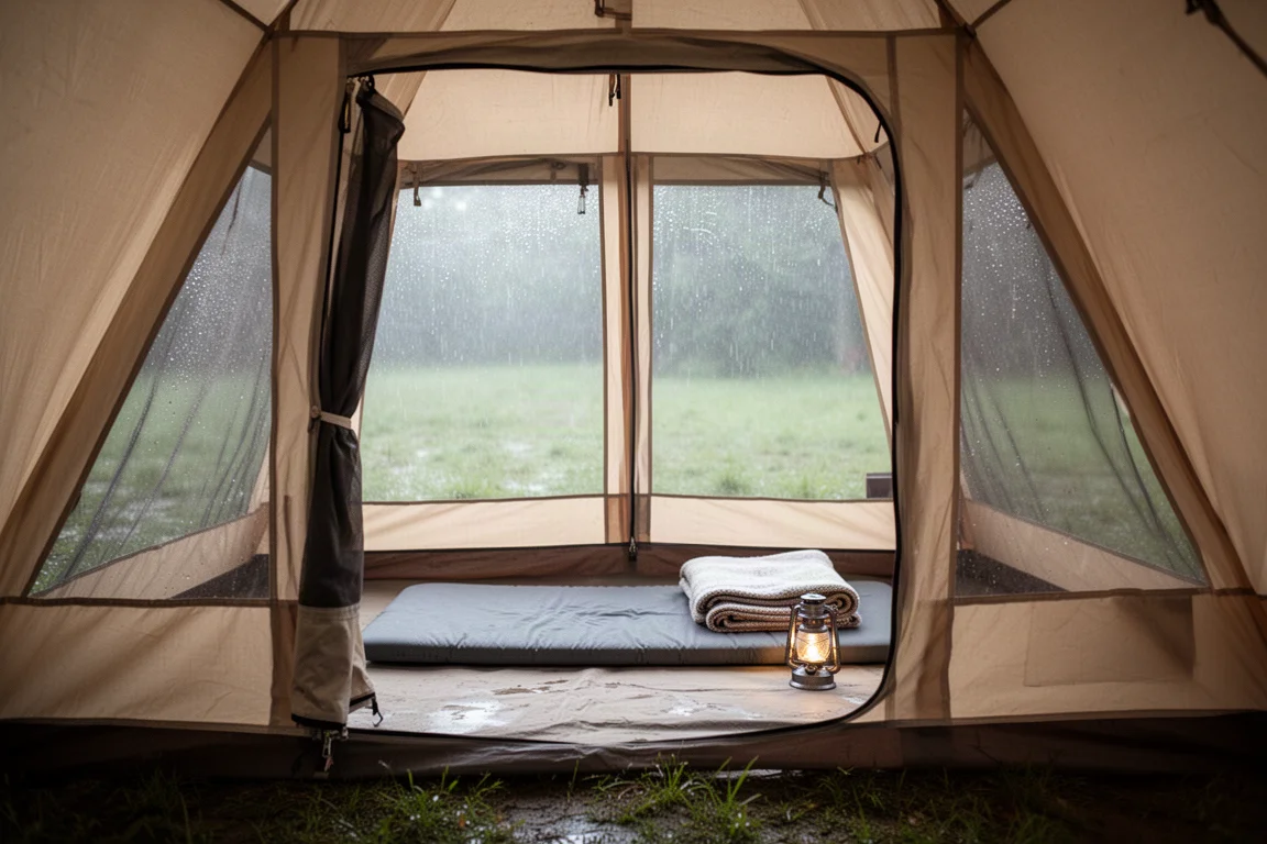 Tenda in stile cabin in un campeggio in una pineta nebbiosa alle prime luci dopo la pioggia