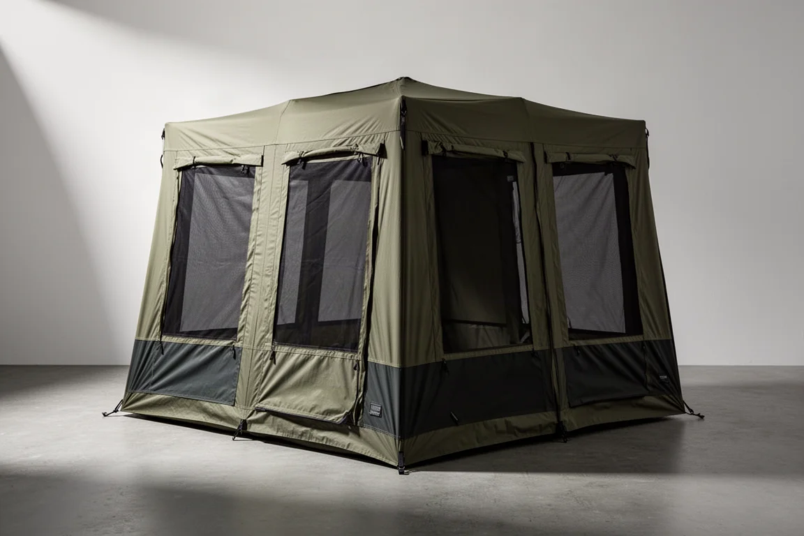 Large olive cabin-style camping tent with mesh side windows on a concrete surface