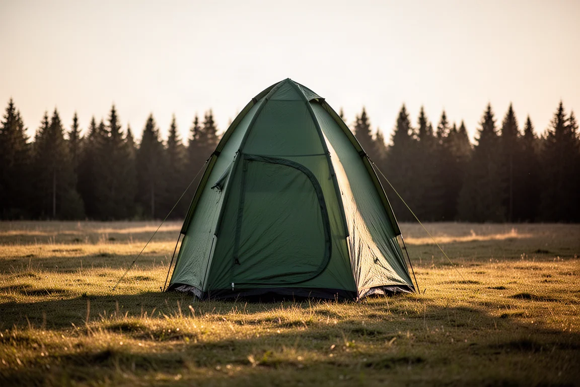 Stort campingtält uppsatt en kort bit från ett parkerat fordon på en skogs campingplats