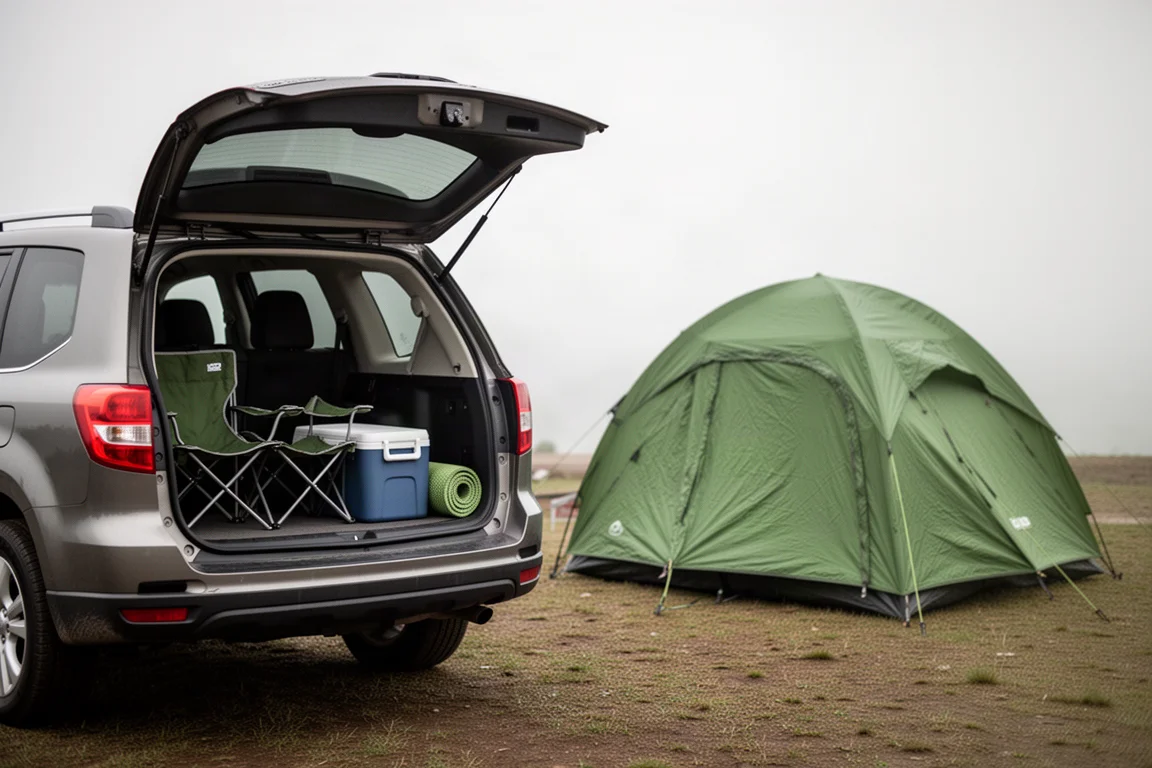 Regn som rinner nerför yttertältet på ett campingtält på natten med varmt ljus inuti