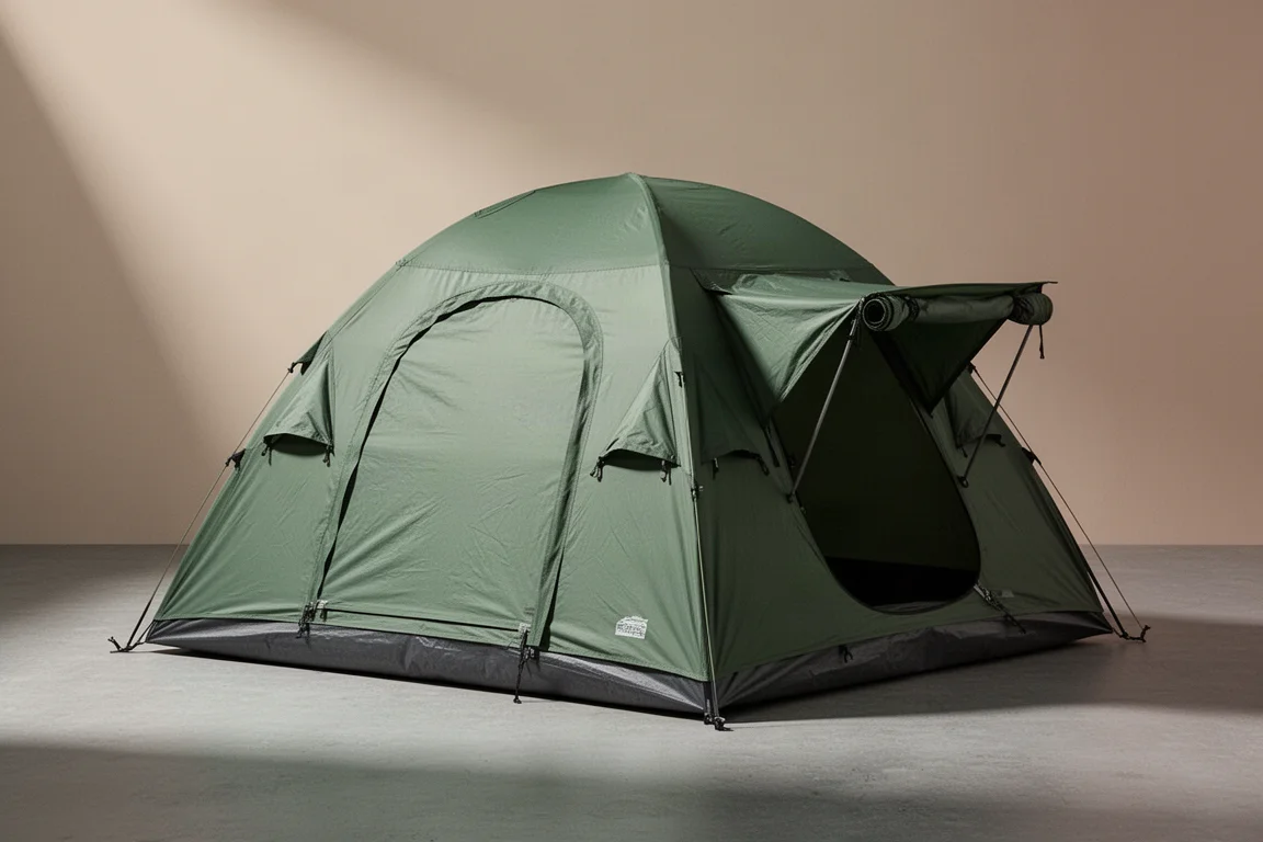 Large green dome camping tent with fitted fly and awning door on a concrete surface