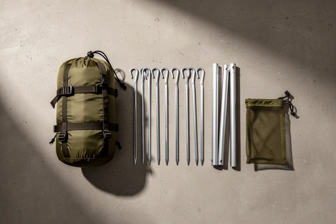 Tenda da backpacking montata in una radura al crepuscolo con tiranti ben tesi