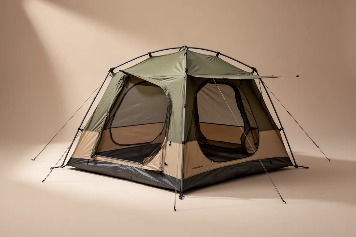 Two-person backpacking tent pitched on a neutral backdrop with fly and guy lines