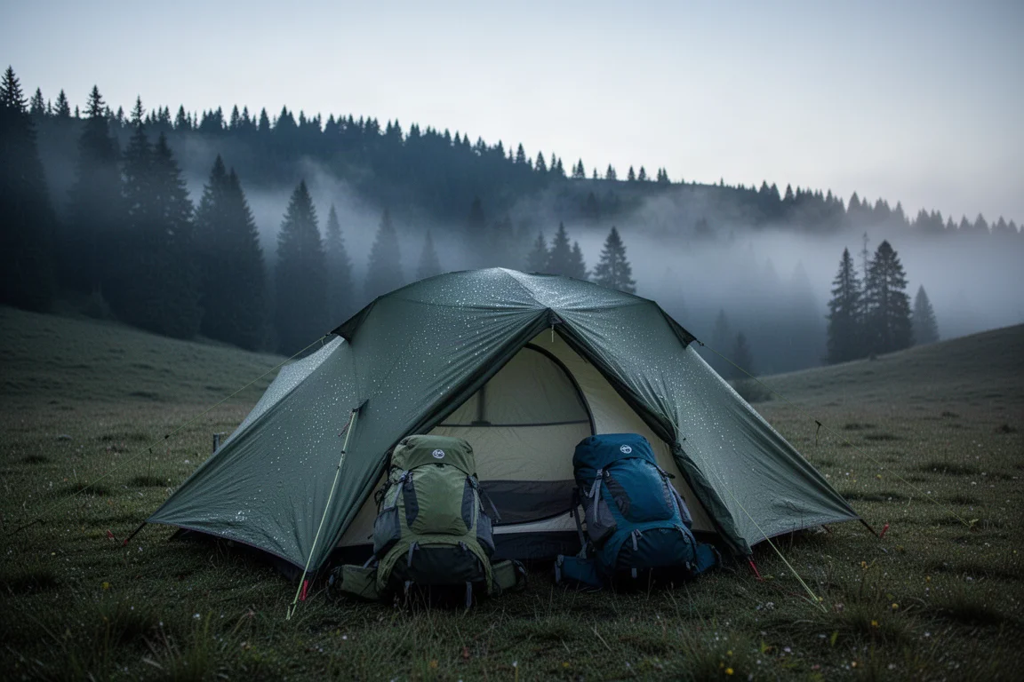 Tenda da backpacking che brilla di notte sotto la pioggia gelata in una radura del bosco