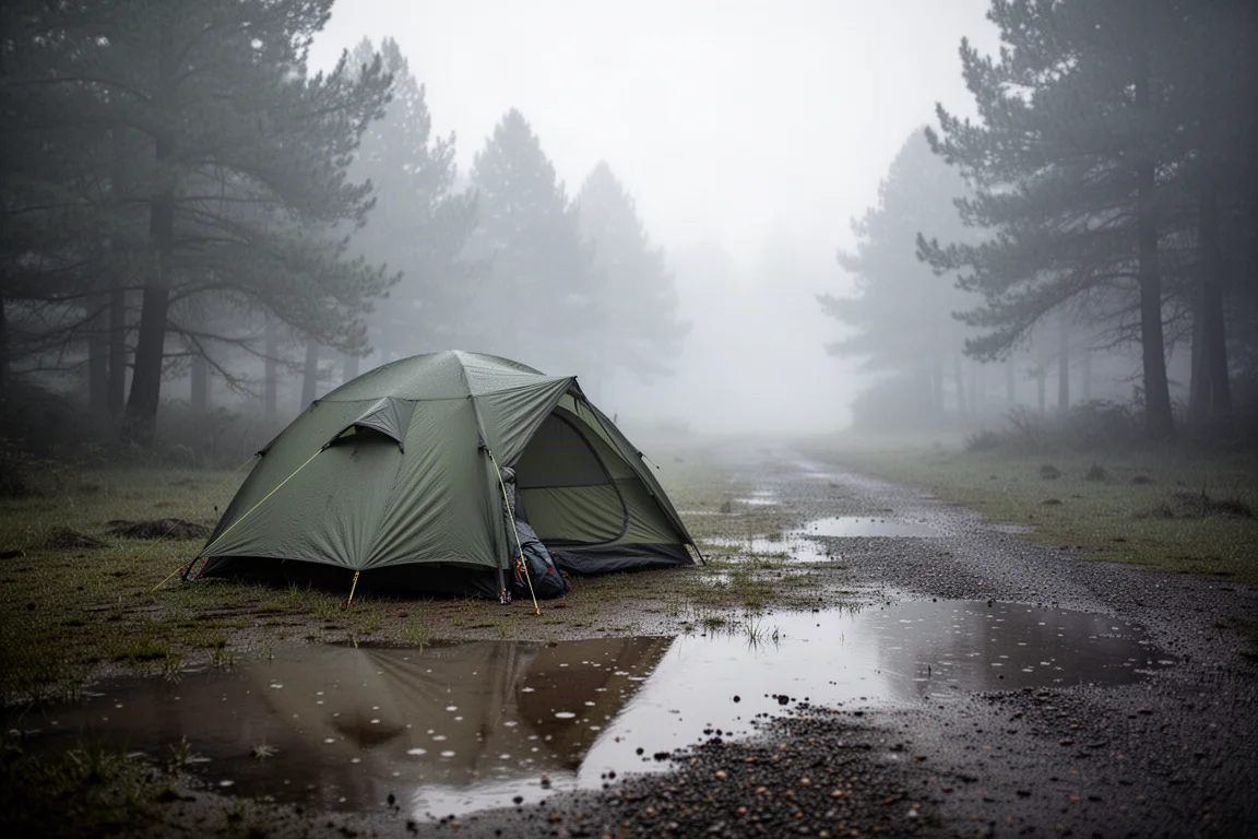 Valle boscosa nebbiosa all'alba con la silhouette di una tenda in lontananza vicino al limitare degli alberi
