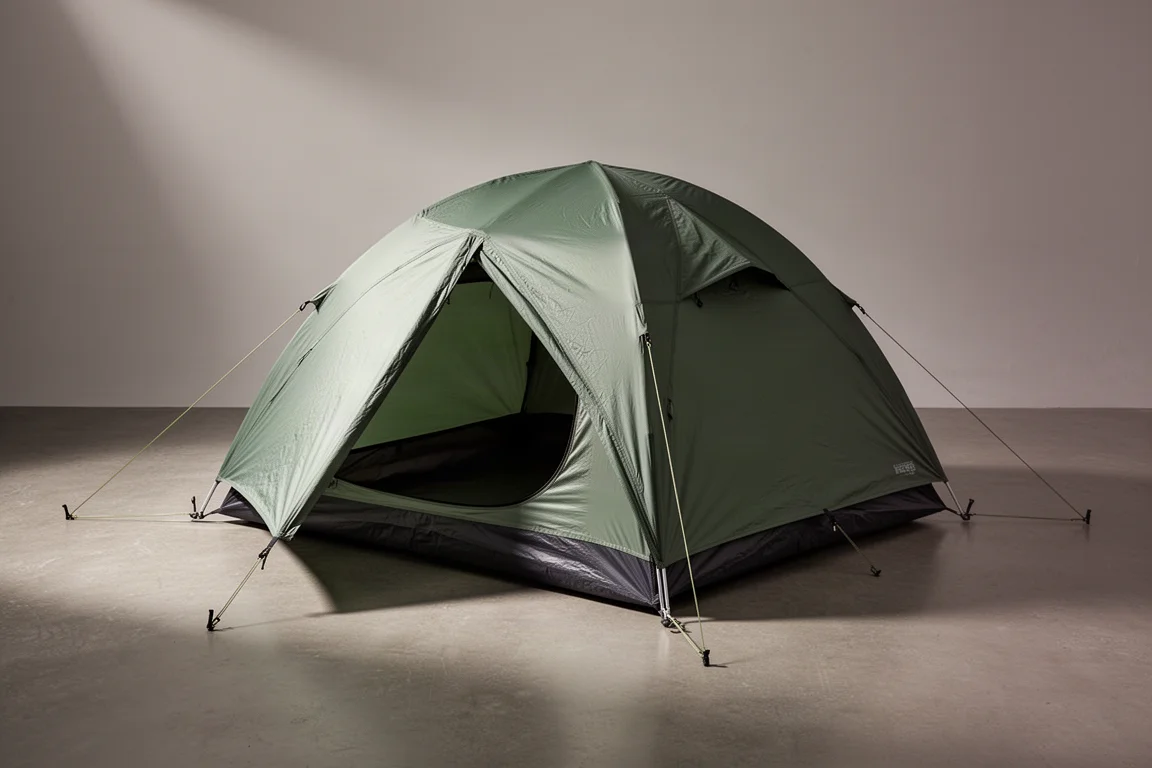 Two-person backpacking tent with green rainfly pitched on a neutral studio backdrop