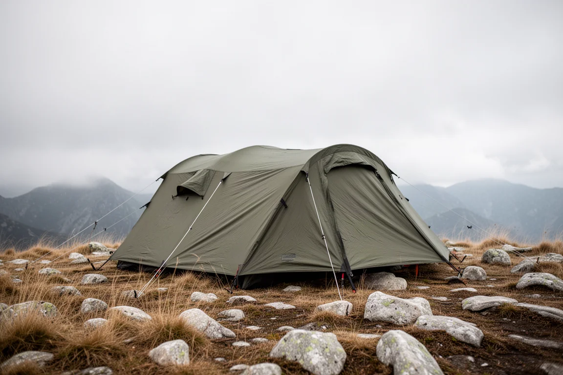 Großes Zelt in Kabinenform, abends auf einem Kiefern-Campingplatz von Laternenlicht erleuchtet