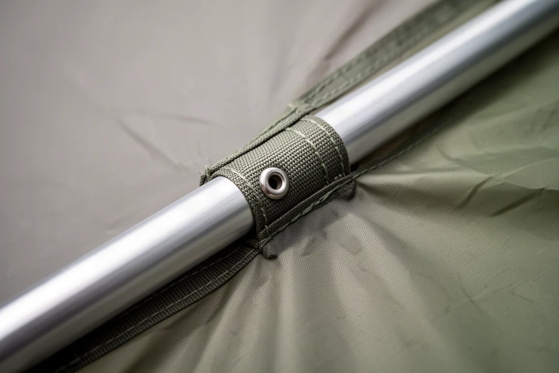 Innenraum eines großen Zeltes mit breiter Bodenfläche, Isomatten und Mesh-Wandpaneelen