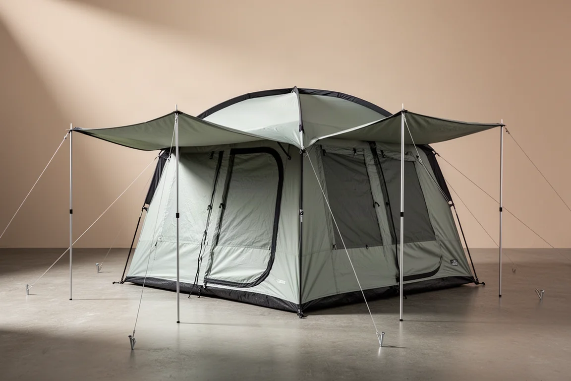 Large four-door cabin tent with two awnings extended on a concrete surface
