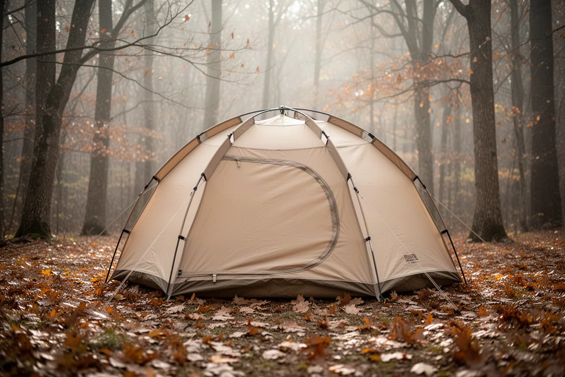 Herbstliche Waldlichtung in der Dämmerung mit Laub auf einem Schotterweg und einem Campingstuhl